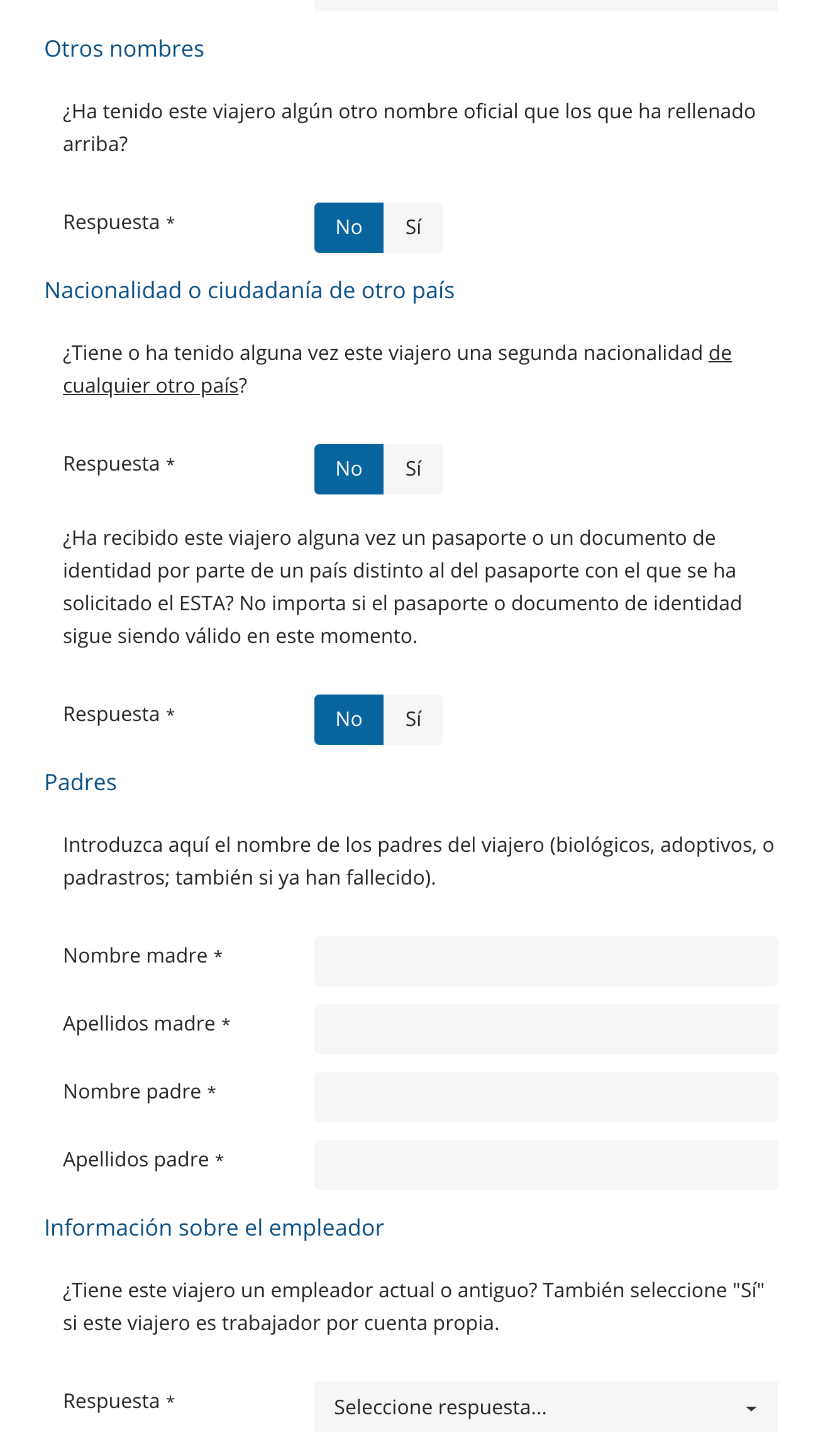 Formulario ESTA: otros datos personales
